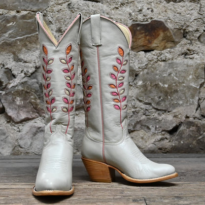 View of Macie Bean 15″ Cream Hotshot boot with almond vamp and citrus inlay shaft