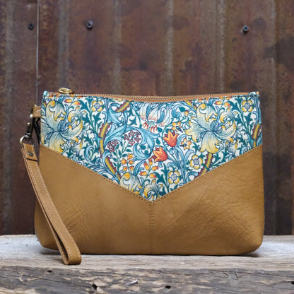 Myra My Own Garden printed canvas clutch bag with leather trim and zipper closure
