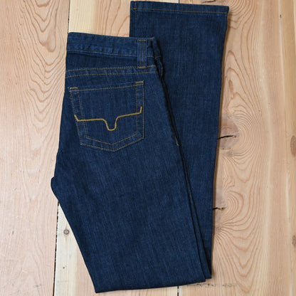 View of Kimes Ranch Betty Jeans in Blue, featuring embroidered horns on back pockets and a modest bootcut leg