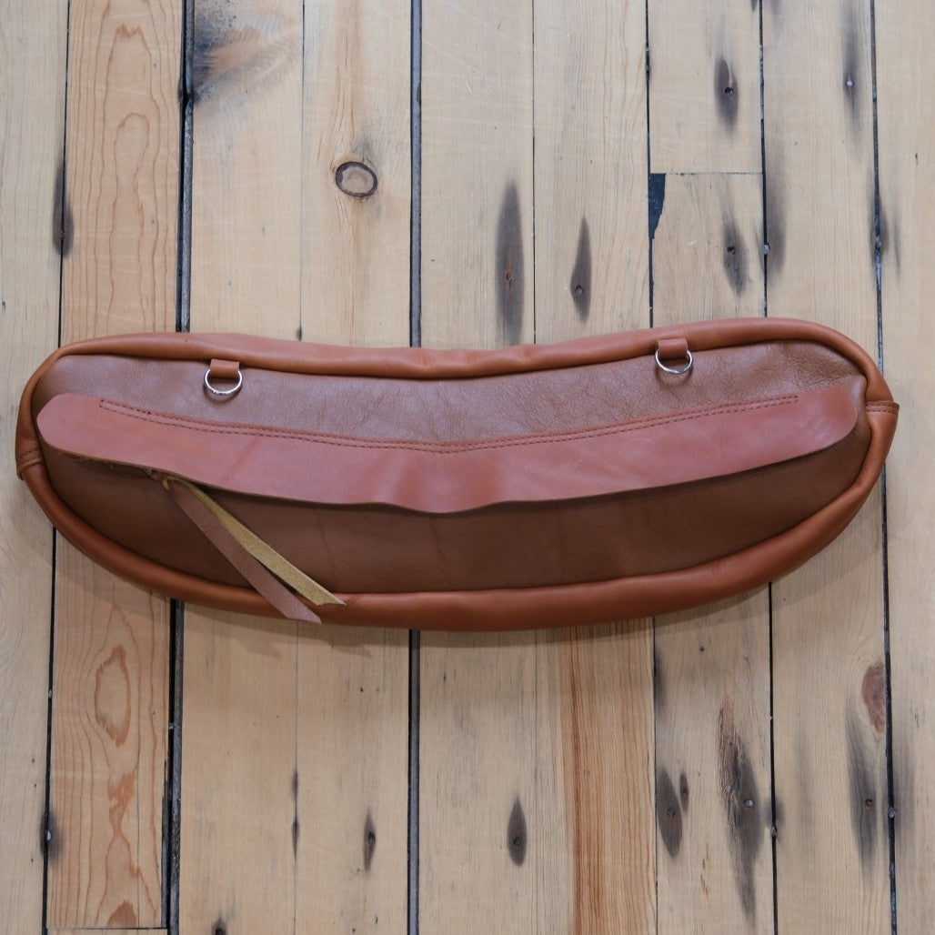 K Bar J Leather Cantle Bag in Rust and Brown showing the vibrant leather contrast and handcrafted stitching.