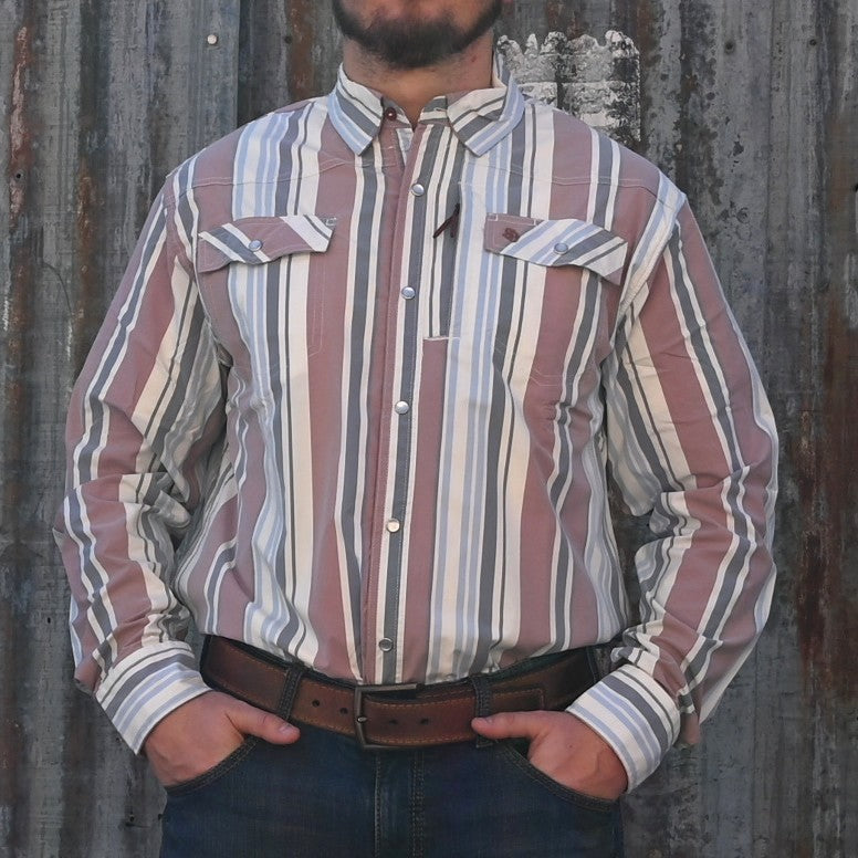 View of Weatherford Stripe Western snap shirt in light blue, red, and cream with mesh vent and chest pockets