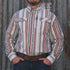 View of Weatherford Stripe Western snap shirt in light blue, red, and cream with mesh vent and chest pockets