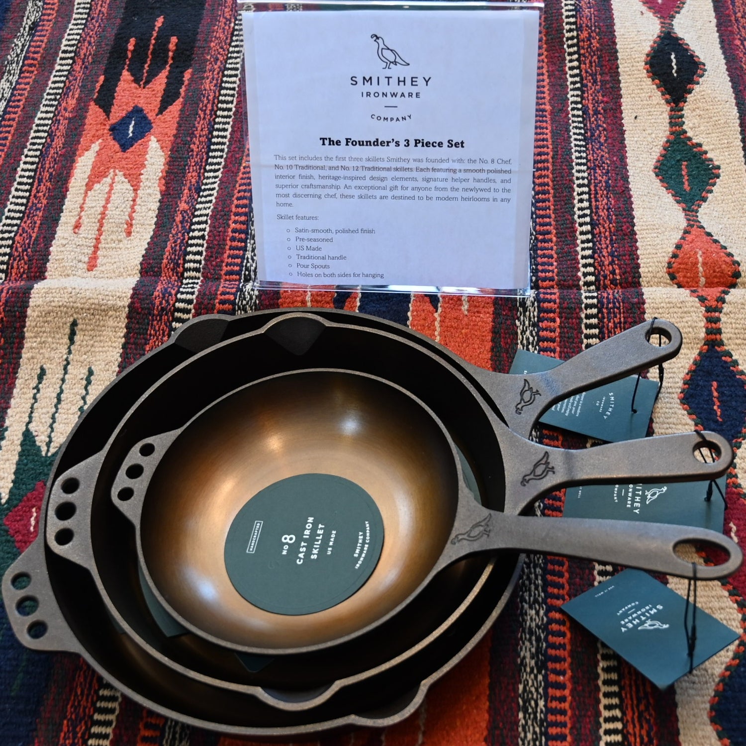View of Smithey Ironware Founders Set: No. 8 Chef, No. 10 Traditional, and No. 12 Traditional skillets with polished interiors and signature handles