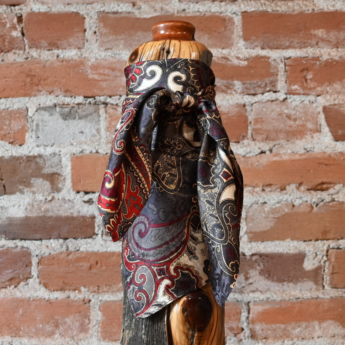 Schaefer cocoa and burgundy paisley silk wild rag 35x35 with hand-rolled edges