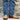 View of Hondo 16" cowboy boot with navy volcano top, honey crazy horse vamp, wide square toe, and pull holes