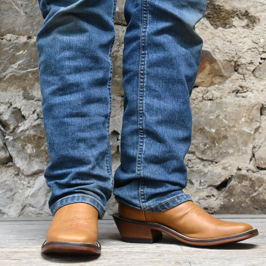 View of Hondo 16&quot; cowboy boot with navy volcano top, honey crazy horse vamp, wide square toe, and pull holes