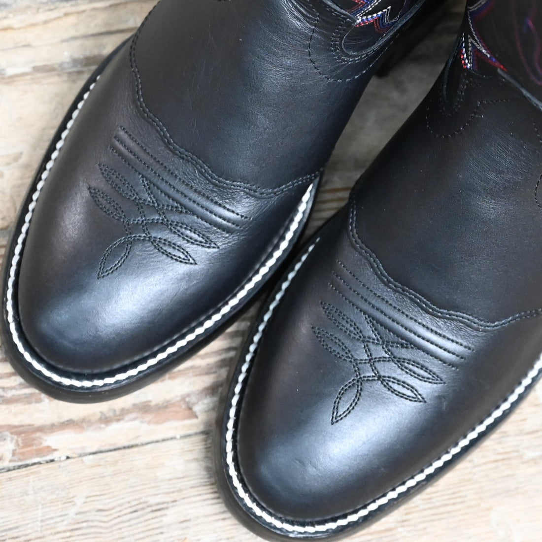 View of Hondo 14&quot; black cowboy boot in retan leather with pull holes and spur ledge