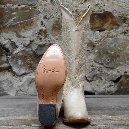 View of Macie Bean 15″ “Spacey Gracey” boot in Vanilla Hotshot leather with almond toe and City Girl heel