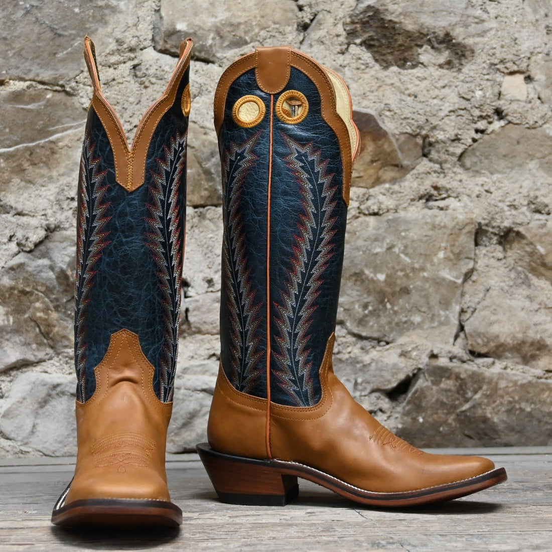 View of Hondo 16" cowboy boot with navy volcano top, honey crazy horse vamp, wide square toe, and pull holes