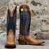 View of Hondo 16" cowboy boot with navy volcano top, honey crazy horse vamp, wide square toe, and pull holes