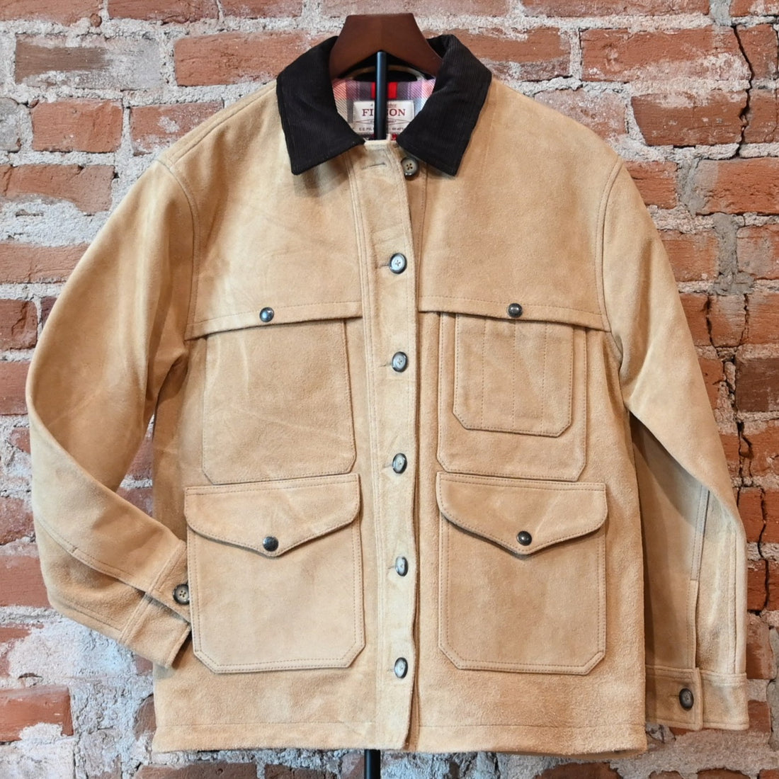 Filson Ladies Suede Cruiser Jacket in Saddle Brown with button-front and dual chest pockets