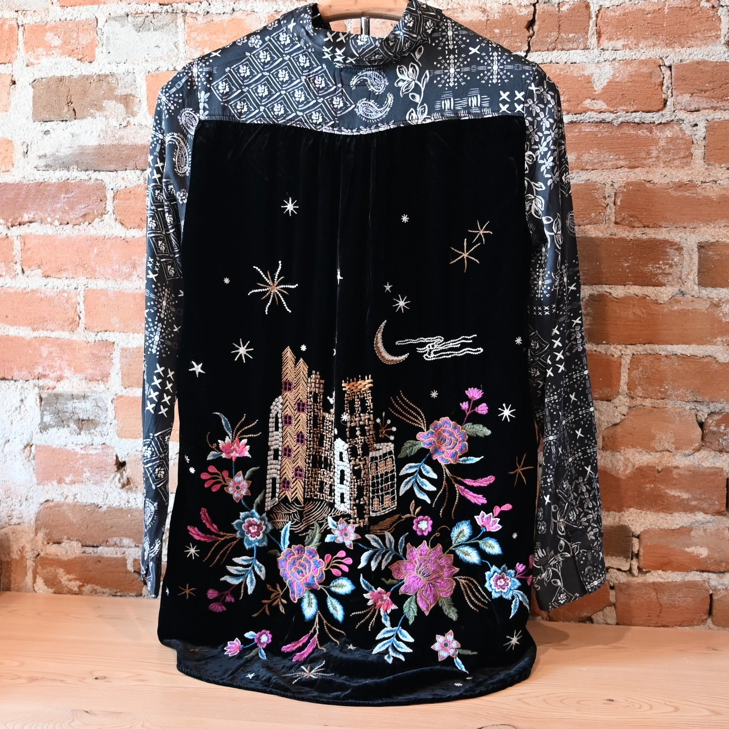 View of Johnny Was multicolor velvet shirt with floral embroidery on back