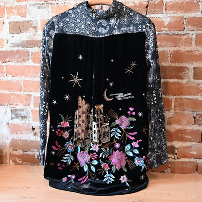 View of Johnny Was multicolor velvet shirt with floral embroidery on back