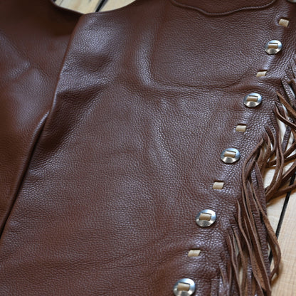 View of K Bar J Puncher Versatility Chap in Size XL with fringe and conchos