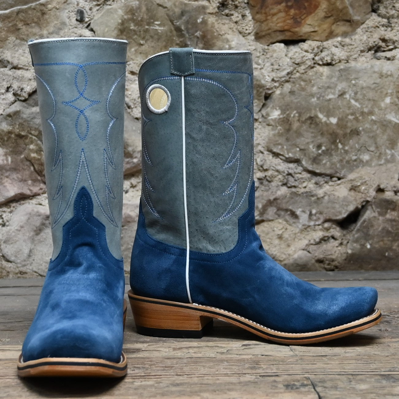 View of Horse Power 11&quot; High Noon boot with turquoise suede vamp, grey top, cutter toe, and pull holes