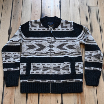 View of Pendleton Shetland zip sweater in Oxford Grey Multi with jacquard pattern and side pockets