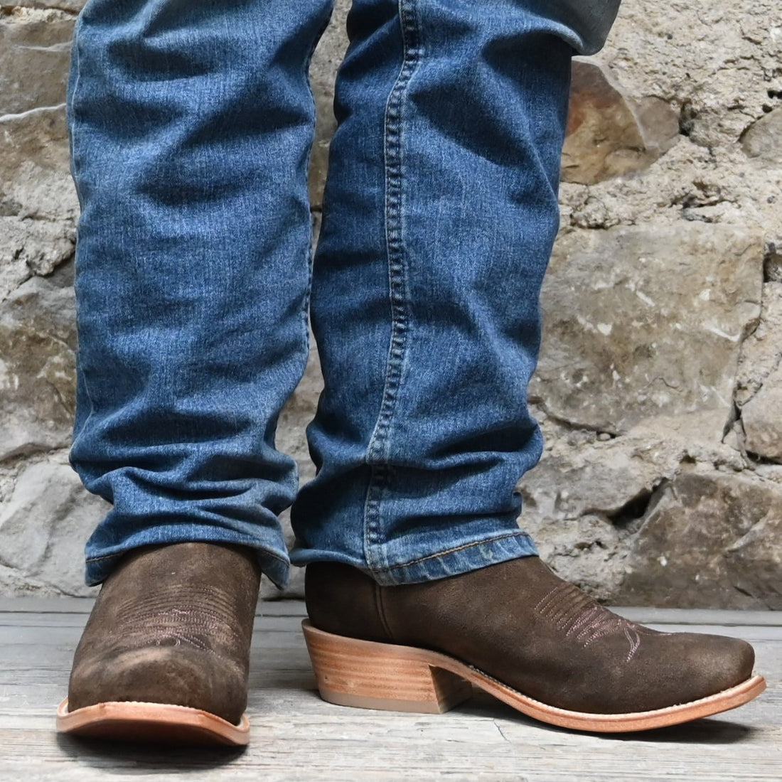 View of Hyer CULVER 13&quot; boots showcasing chestnut napped roughout leather vamp and eggplant vintage goat upper with Cutter toe and underslung heel