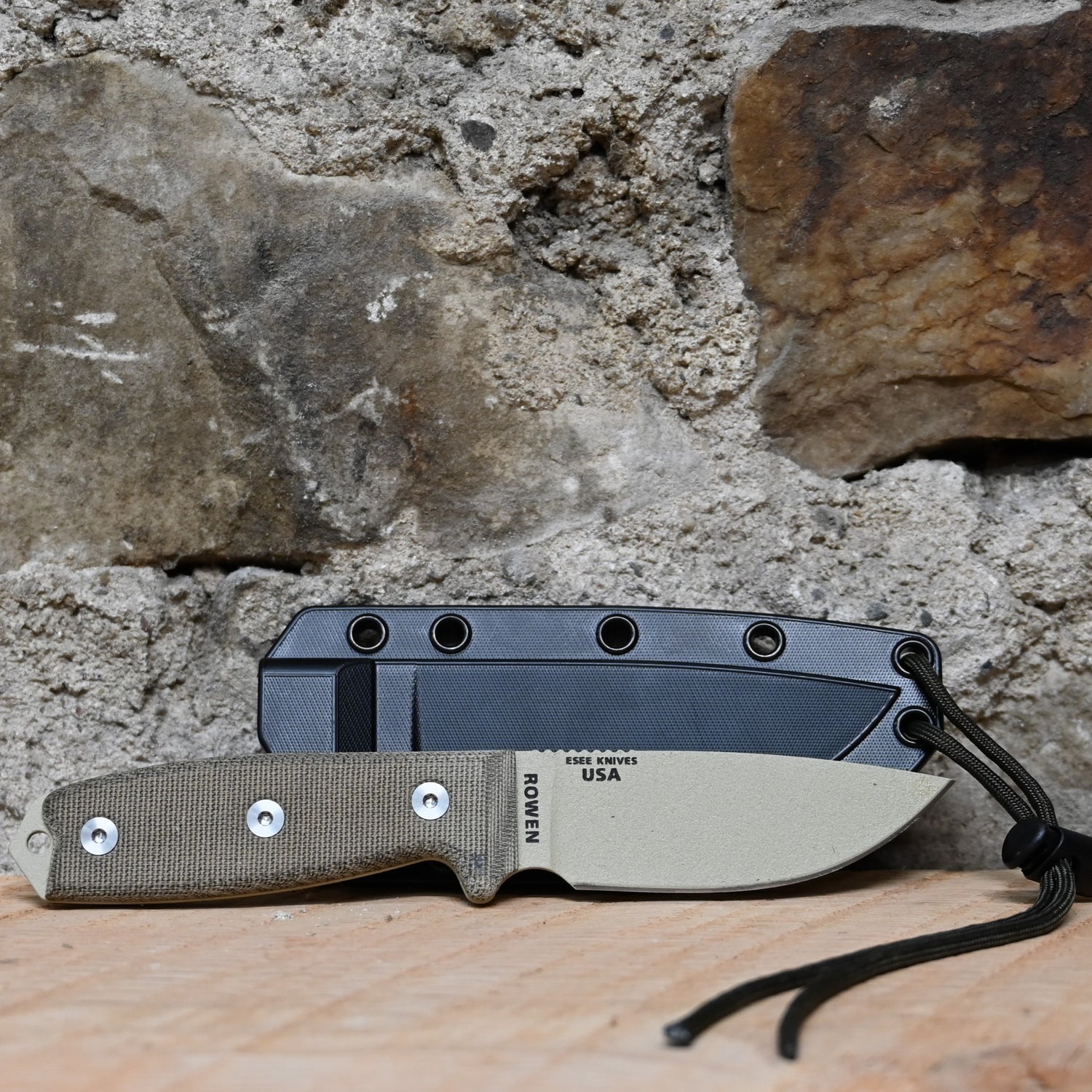 2018 Esee 3, Plain Edge, Desert Tan Blade, Od Sheath view of knife