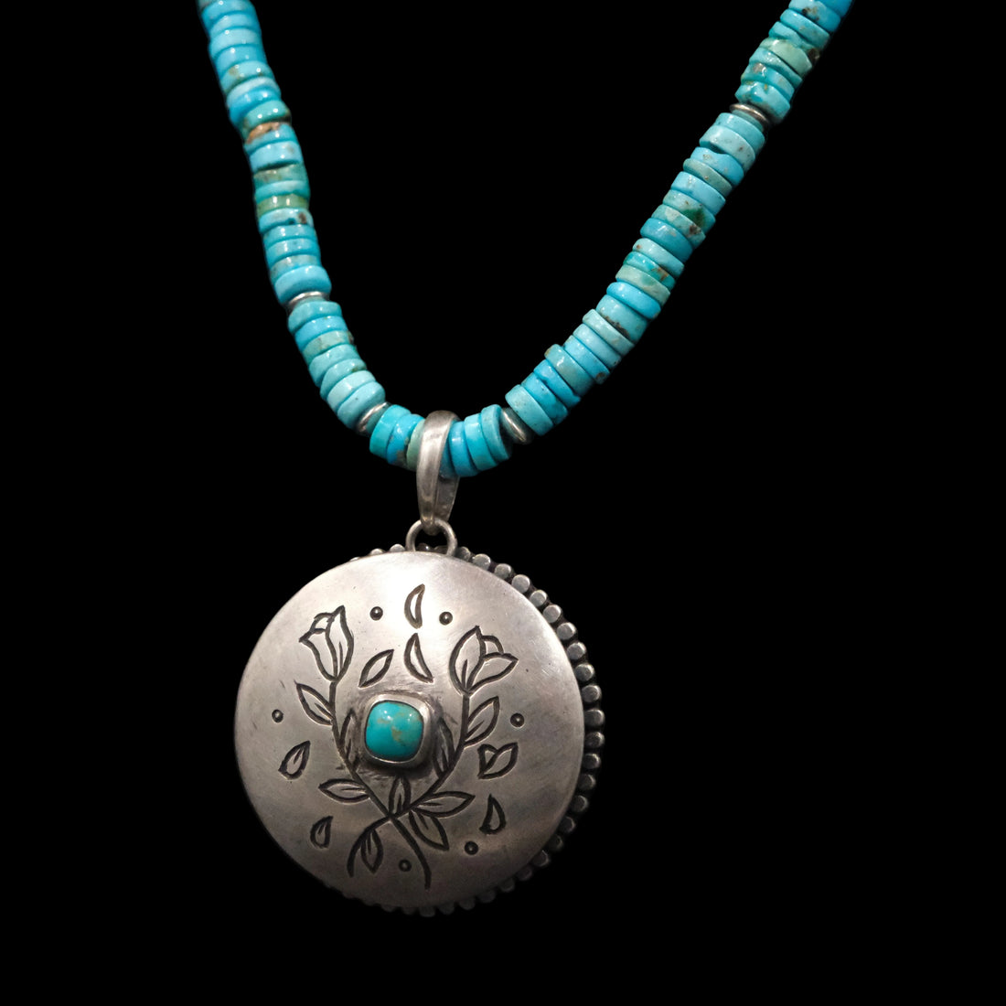 Peyote Bird turquoise beaded necklace with silver and turquoise locket displayed on black bust