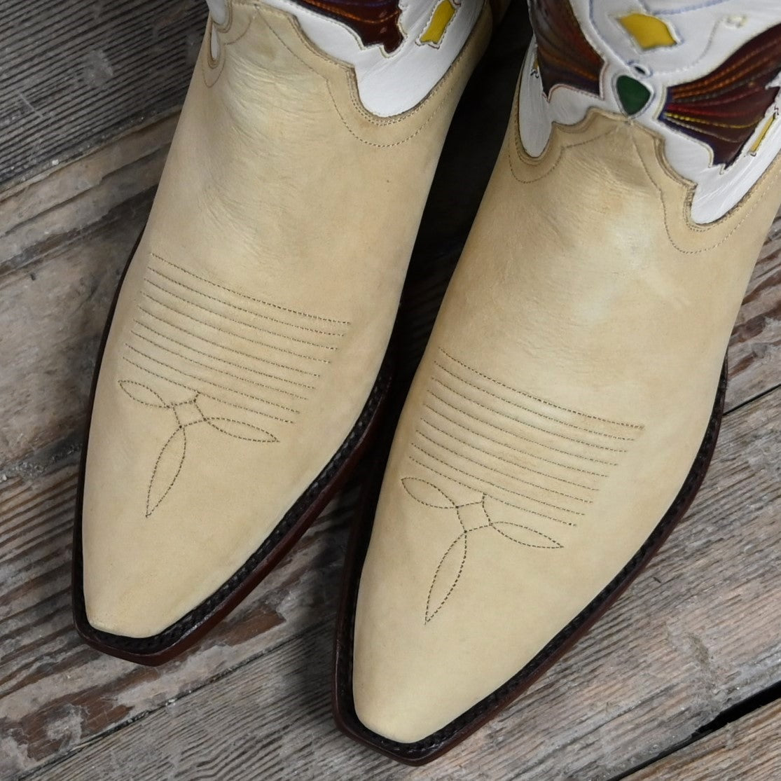 View of Stallion Ladies 8&quot; &quot;J.S. Butterfly&quot; boots in tan and beige nubuck with butterfly inlays