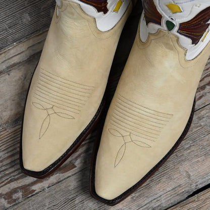 View of Stallion Ladies 8&quot; &quot;J.S. Butterfly&quot; boots in tan and beige nubuck with butterfly inlays