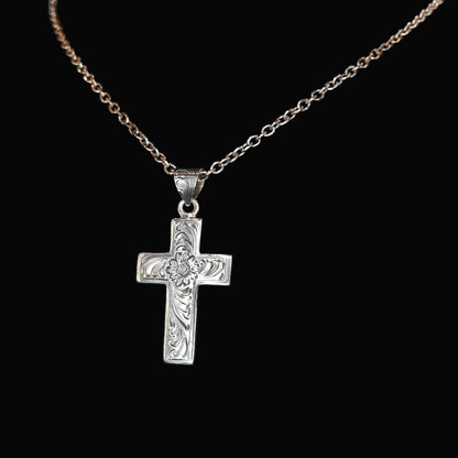 Vogt San Angelo cross pendant in sterling silver with engraved detailing and smooth silver border