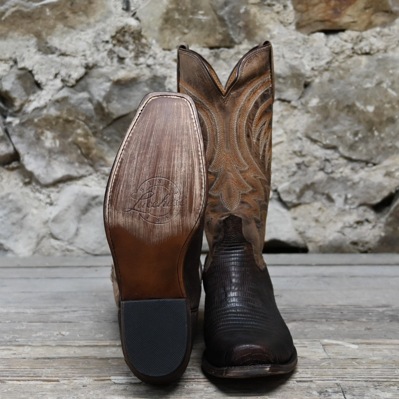 Lucchese men’s 13-inch antique tan lizard leather Western boot with square toe and classic heel