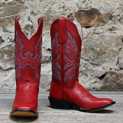 View of Hondo 13&quot; cowboy boot with red cowhide top, red shoulder vamp, and medium square toe