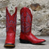 View of Hondo 13" cowboy boot with red cowhide top, red shoulder vamp, and medium square toe