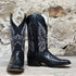 View of Hondo full quill black ostrich boot with black volcano top, 13" height, and pull straps