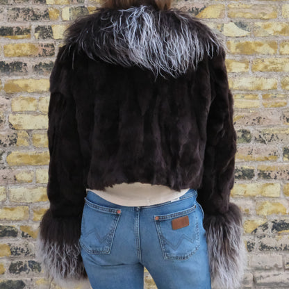 Morris Kaye chocolate rabbit fur jacket with fox trim at collar and cuffs