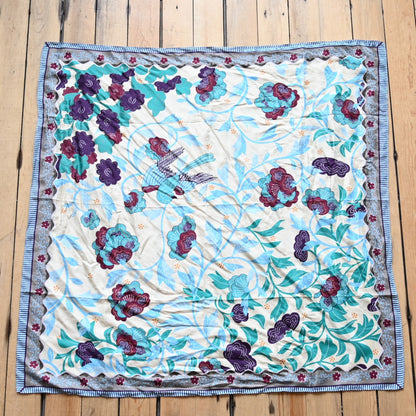 View of Rockmount silk scarf with Buffalo Bill floral and swallow design – 36&quot; square