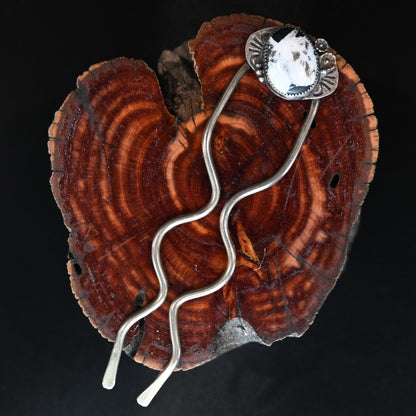 Calico Rose sterling and nickel silver hair fork with White Buffalo turquoise stone, handmade in Montana