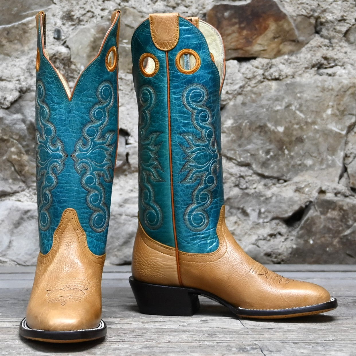 View of Hondo 14&quot; cowboy boot with turquoise volcano top, honey shoulder vamp, and tight square toe
