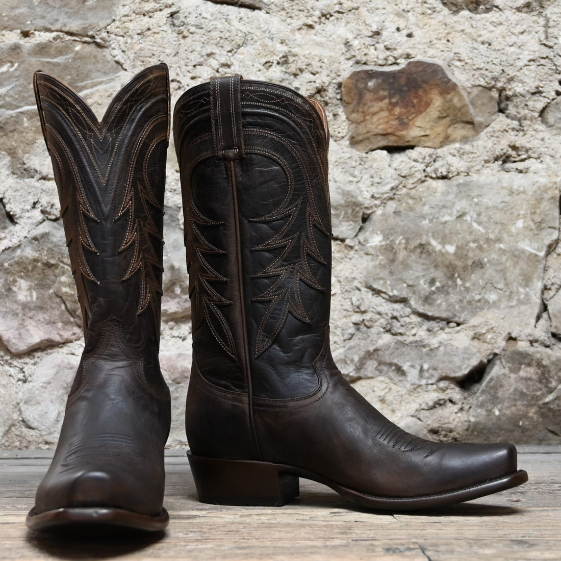 View of Hyer HUDSON 13" boots showcasing brown Mad Dog goat leather vamp and tan Mad Dog goat upper with narrow square toe and Western underslung leather stacked heel