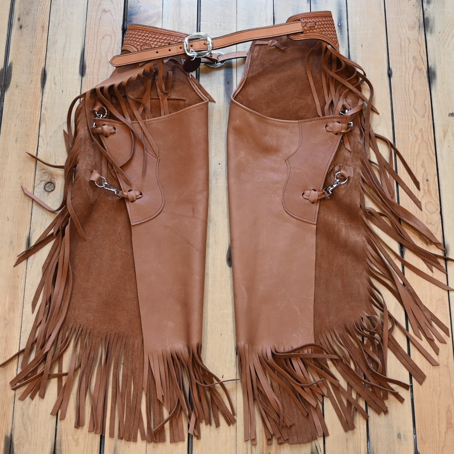 View of K Bar J Oil Tan Chinks with Basket Weave Top