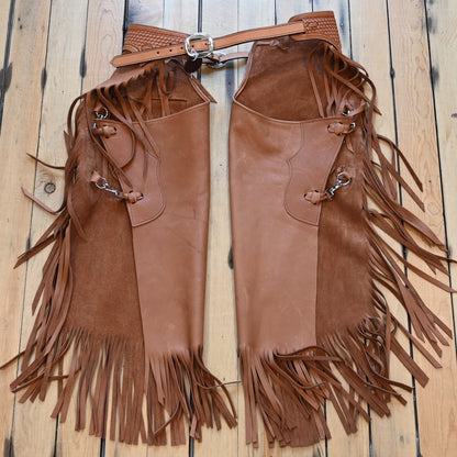 View of K Bar J Oil Tan Chinks with Basket Weave Top