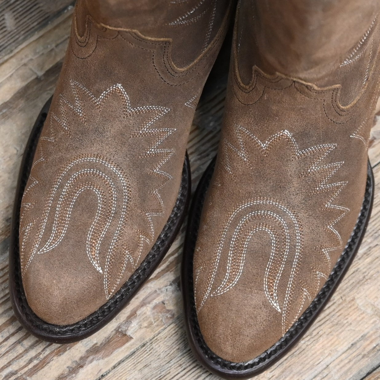 View of Hyer KINSLEY 16&quot; boots showcasing Dijon waxy suede vamp and upper with retro round toe and Western underslung leather stacked heel