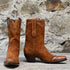 View of Stallion Ladies 10" cognac suede boot with floral tooled leather top and rounded toe