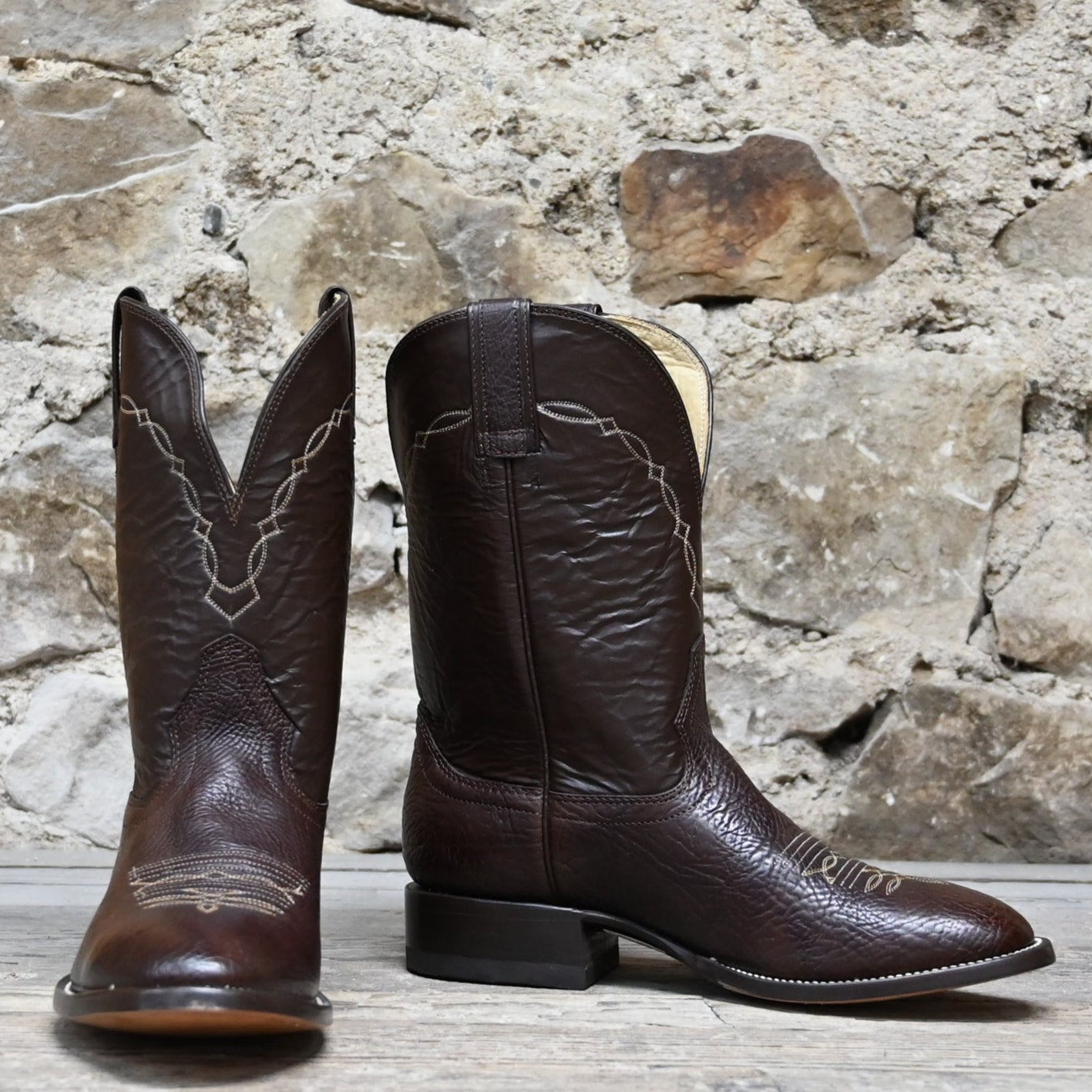 View of Hondo 11&quot; cowboy boot with brown cowhide vamp, brown top, and medium round toe