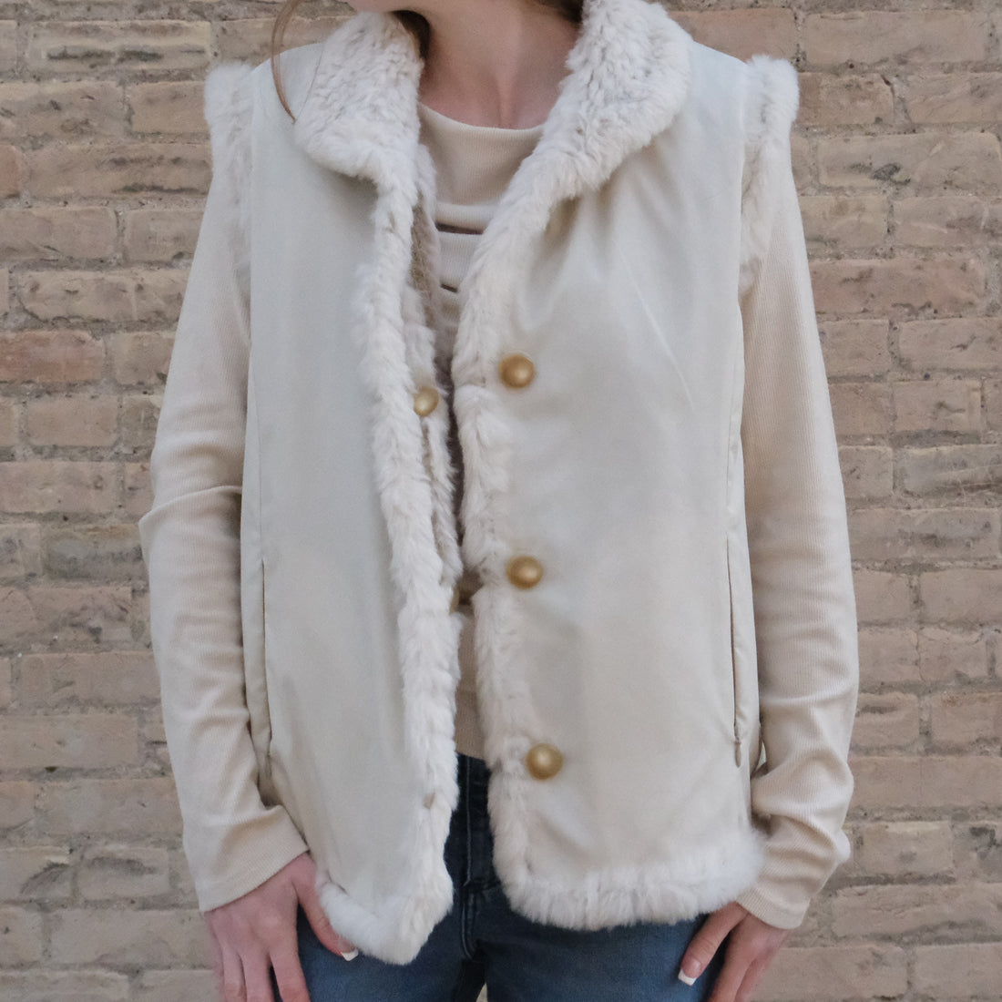 Morris Kaye beige reversible rabbit fur vest with silky exterior