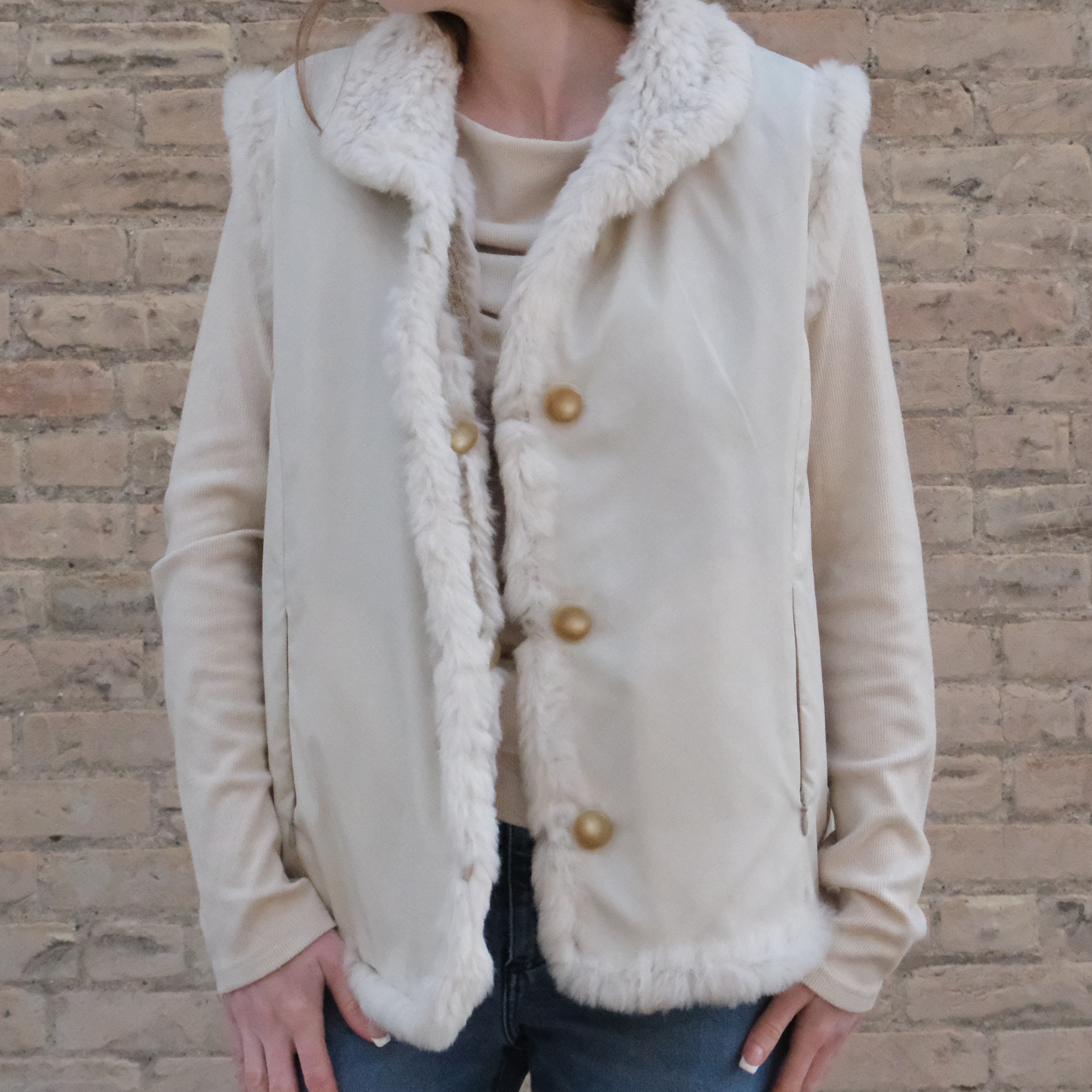 Morris Kaye beige reversible rabbit fur vest with silky exterior