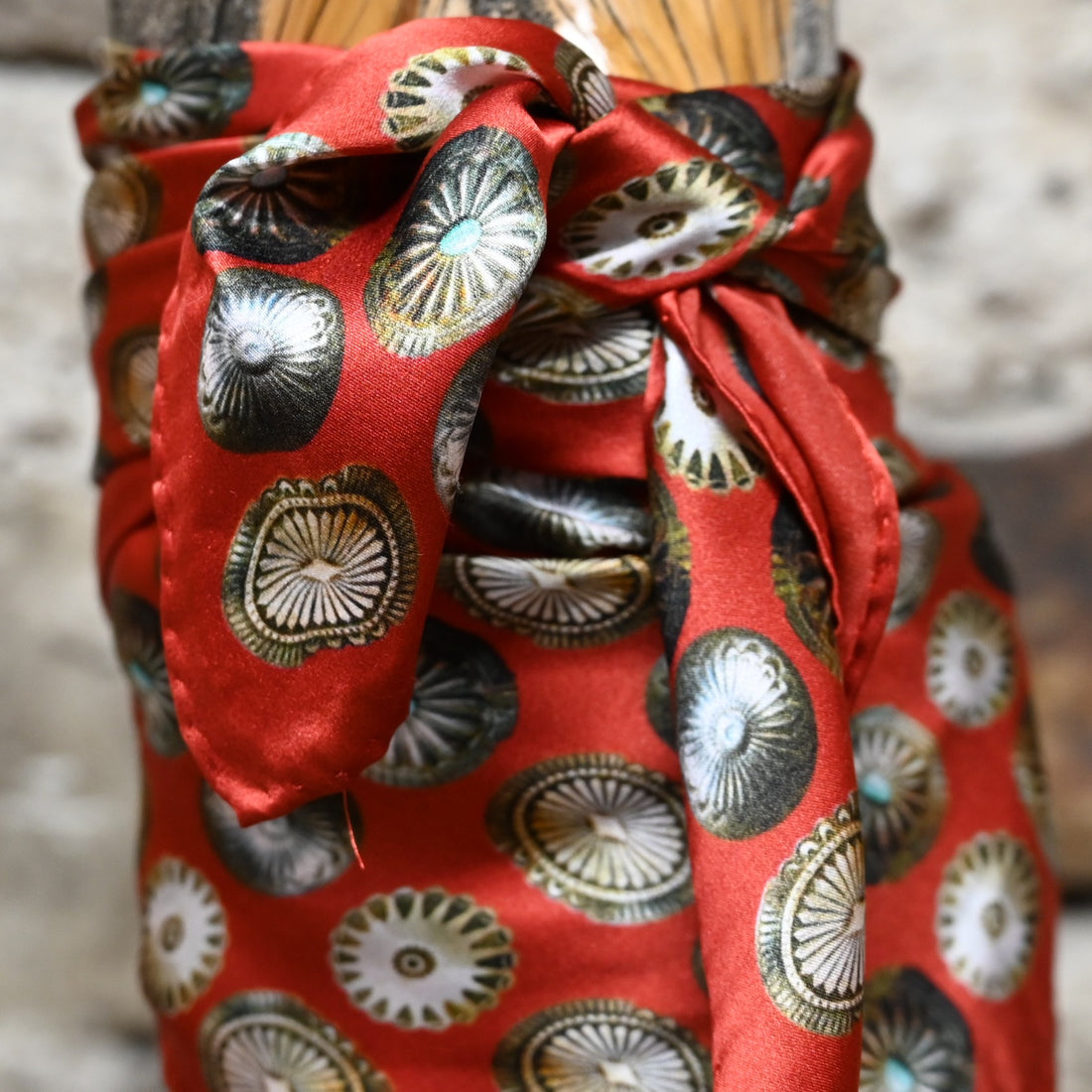 Fringe Scarves red silk baby concho wild rag 26x26 with silver and turquoise details