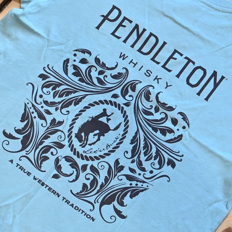 Seafoam Pendleton Whisky Graphic Tee with bold Western graphics, relaxed fit, and logo on front and back