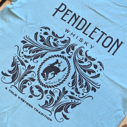 Seafoam Pendleton Whisky Graphic Tee with bold Western graphics, relaxed fit, and logo on front and back