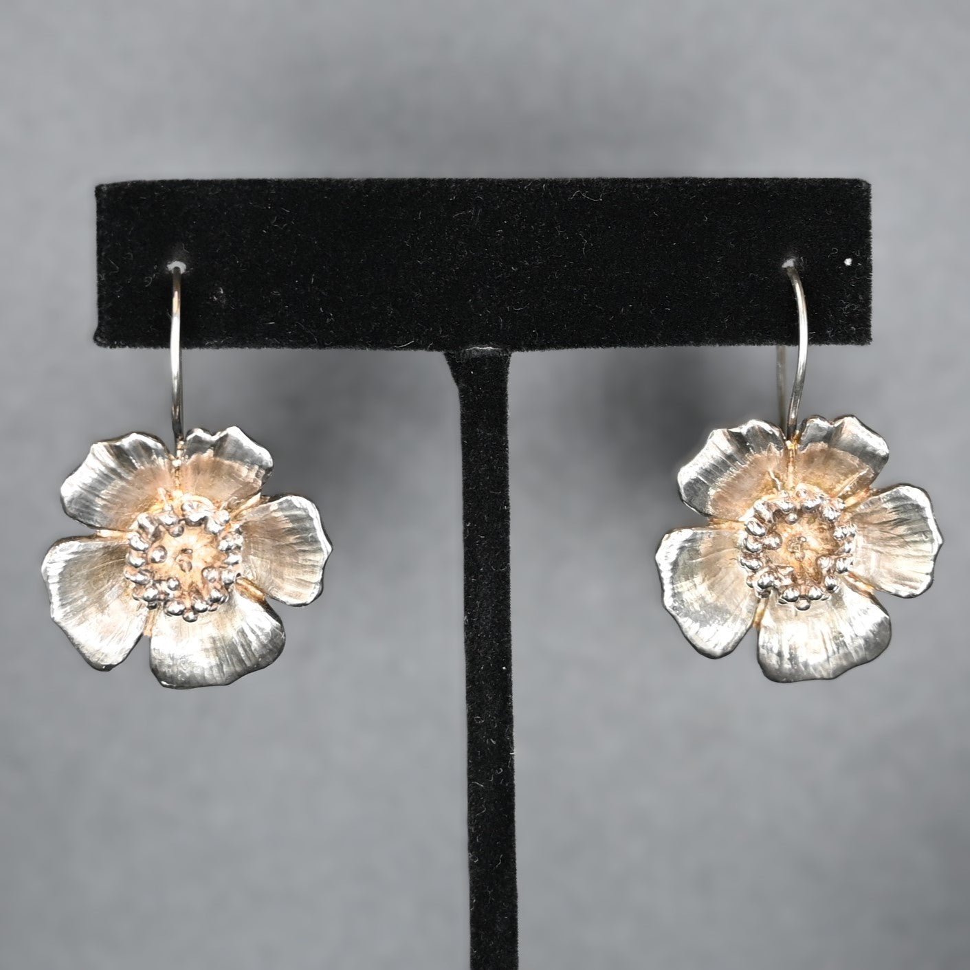 Sterling Silver Small Wild Rose Earrings On Wires view of earrings