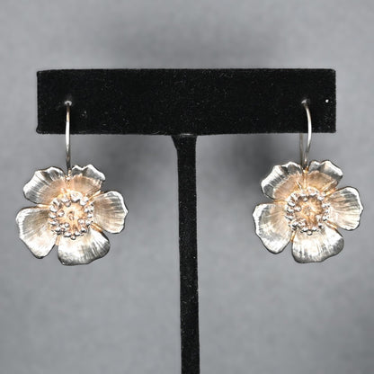 Sterling Silver Small Wild Rose Earrings On Wires view of earrings