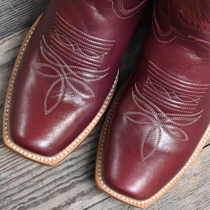 Hyer Leawood ladies’ red cowhide cutter toe boot with 13-inch shaft and historic stitch detailing.