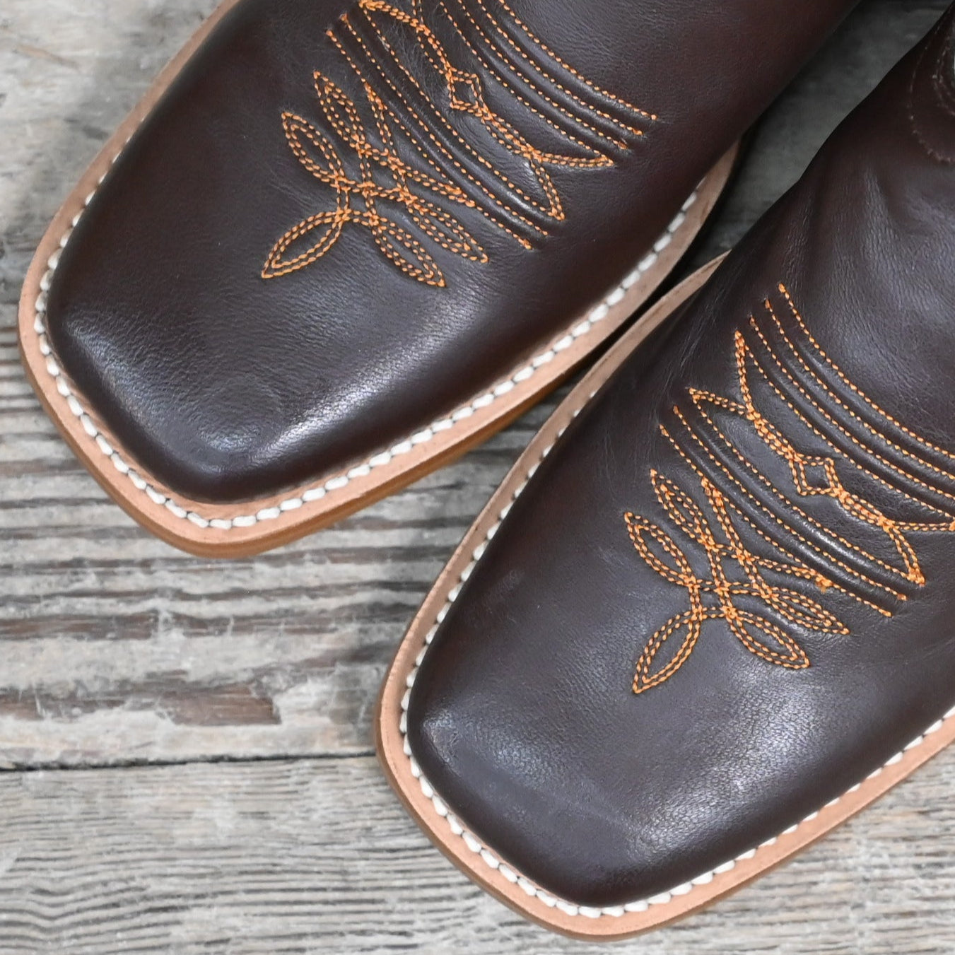 View of Hondo 11&quot; cowboy boot with bone top, brown calf vamp, wide square toe, and pull straps