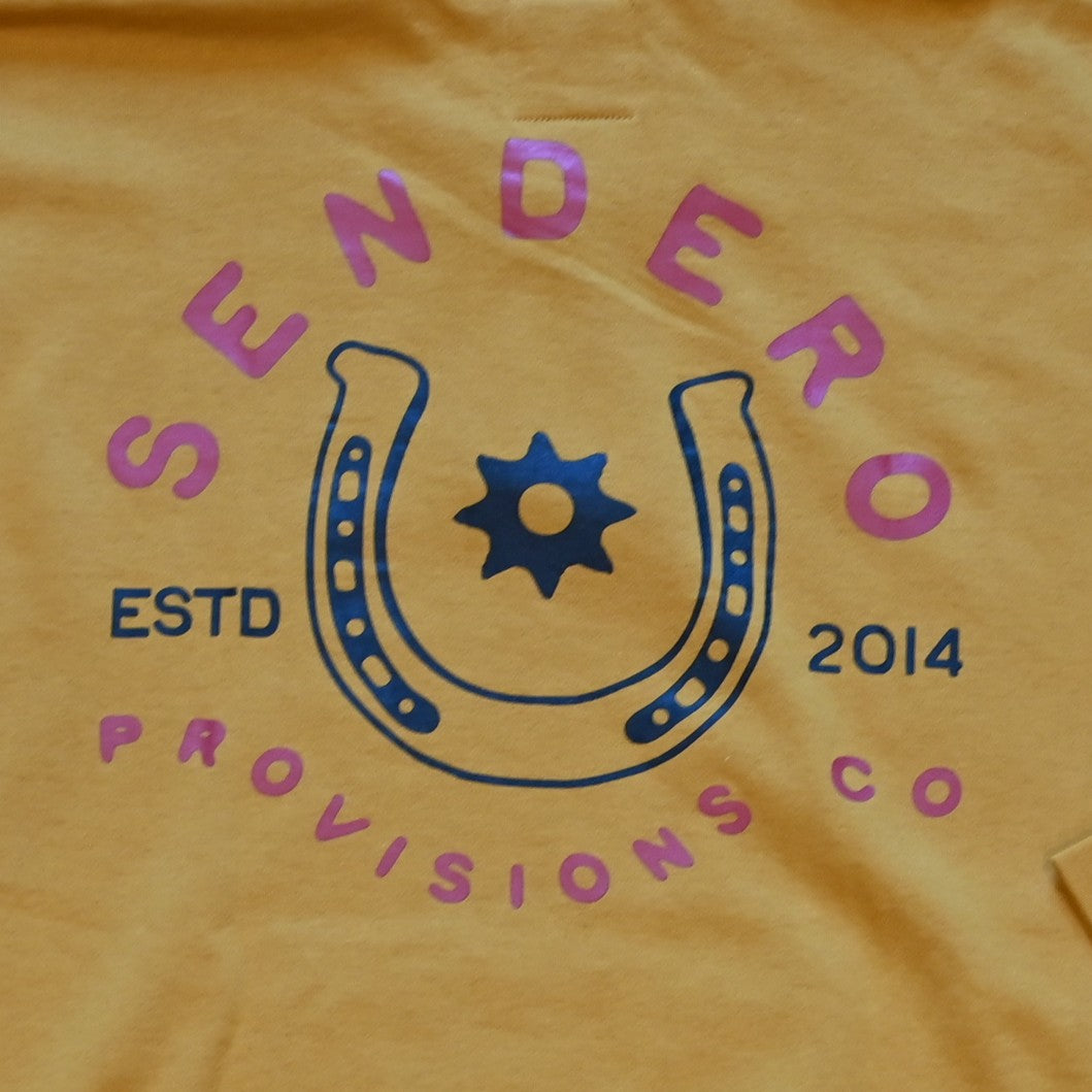 Goldenrod Sendero No Luck hoodie with horseshoe graphic and Sendero Provisions logo